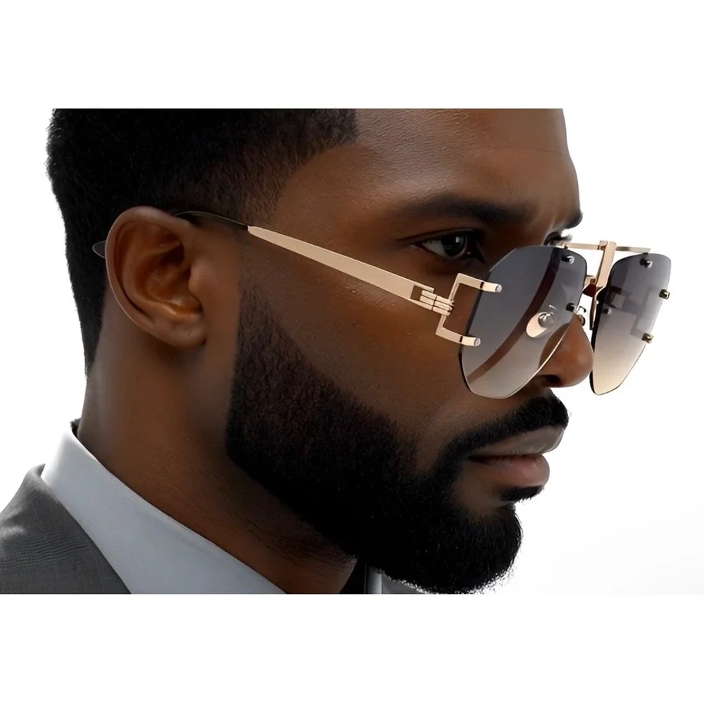 Men Brown Sunglasses Square Rimless Elegant Classy Oversized Exaggerated Lentes‎